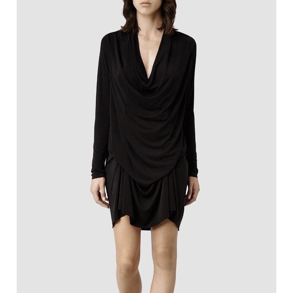 AllSaints Womens Navy Blue Amei Mini Dress Draped Cowl Neck Adjustable Ties S